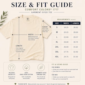 以下が含まれることがあります： クリーム色のComfort Colors 1717ガーメントダイTシャツとサイズ・フィットガイド。画像にはSから4XLまでのインチ単位の測定チャートが含まれており、幅、長さ、袖の測定方法を示す図解が記載されています。