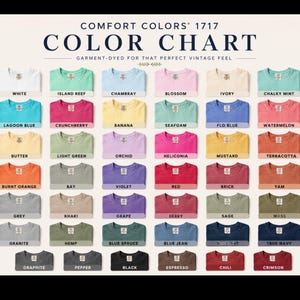 A color chart for Comfort Colors 1717 Garment-Dyed t-shirts, displaying 40 different color swatches with their names.