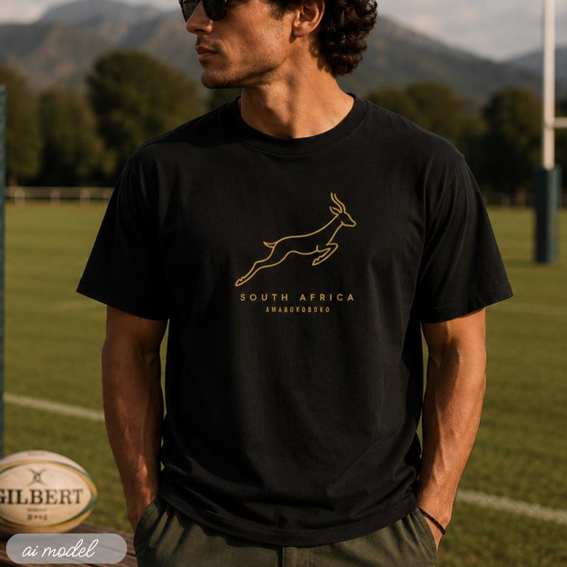 A man wearing a black t-shirt with a gold outline of a jumping springbok and the words "SOUTH AFRICA AMABOKOBOKO" below it, standing on a rugby field.