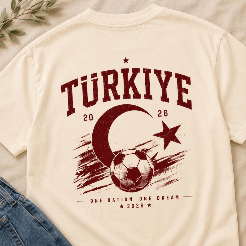 May include: A cream-colored t-shirt featuring a dark red graphic on the back. The design includes the text T&Uuml;RKIYE, a crescent moon, a star, a soccer ball, and the text ONE NATION ONE DREAM 2026 with a distressed, vintage-inspired texture.
