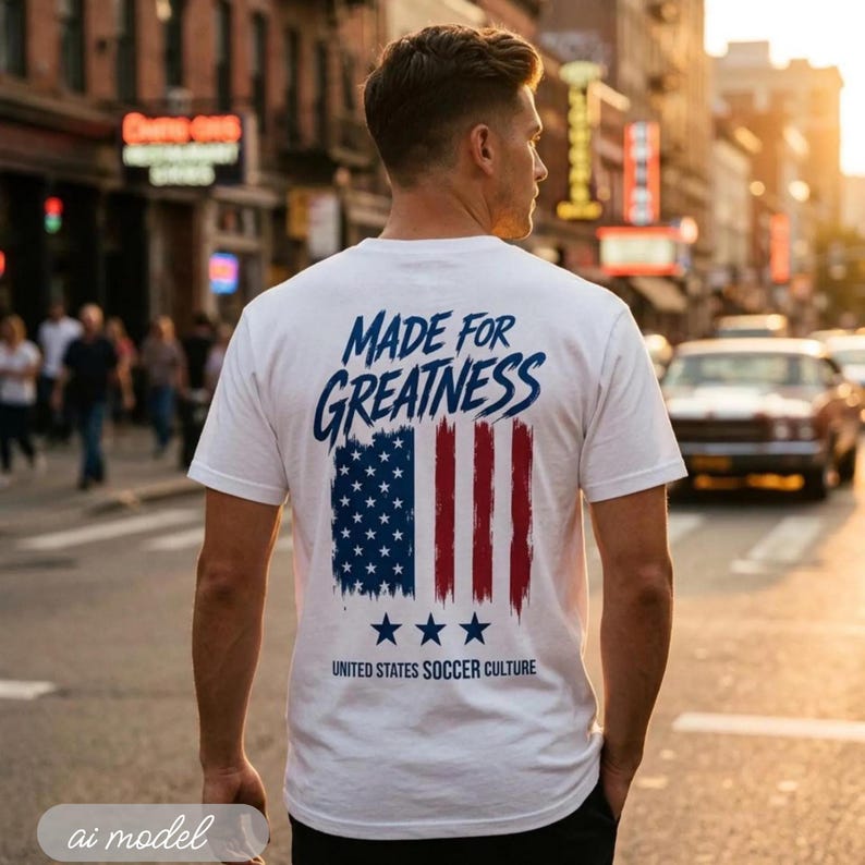 以下が含まれることがあります： 青い文字でMADE FOR GREATNESSと書かれ、赤と青の筆致のストライプが入ったアメリカ国旗のグラフィック、3つの青い星、そして下にUNITED STATES SOCCER CULTUREという文字がプリントされた白い半袖Tシャツ。