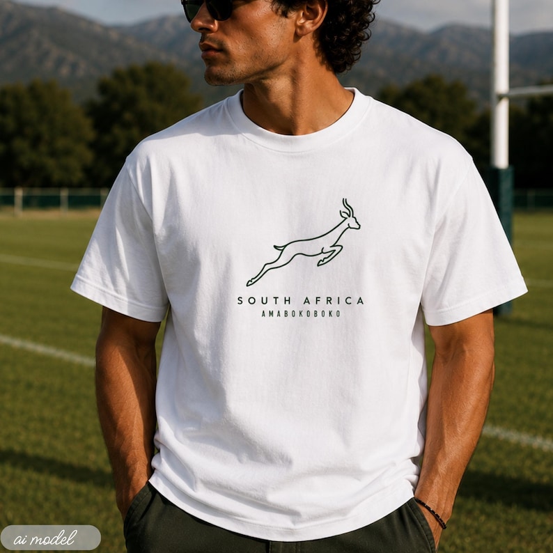 A man wearing a white t-shirt with a green outline of a jumping springbok and the words "SOUTH AFRICA AMABOKOBOKO" below it, standing on a rugby field.
