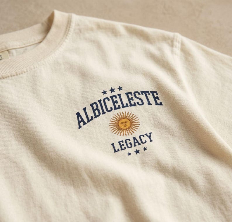 May include: A cream-colored t-shirt featuring a dark blue graphic print on the chest. The text reads ALBICELESTE LEGACY in a bold, arched font, accompanied by a central yellow sun icon and three small stars above and below the text.