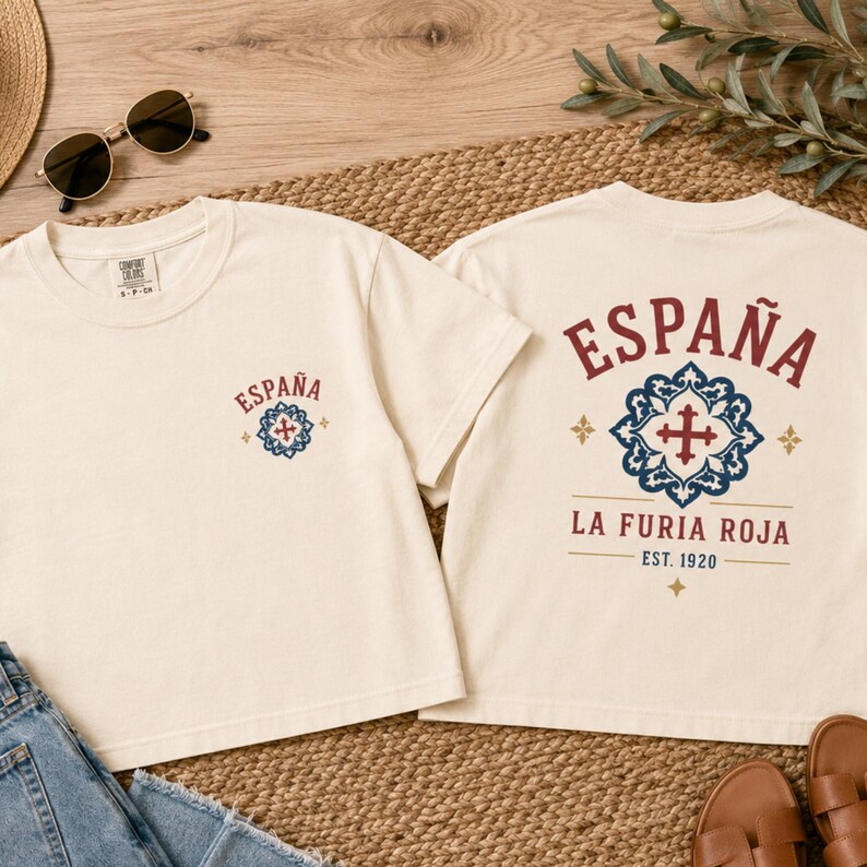 A cream-colored crop top with a small "ESPAÑA" and tile graphic on the left chest, and a larger "ESPAÑA LA FURIA ROJA EST. 1920" with a tile graphic on the back, lies on a woven mat.
