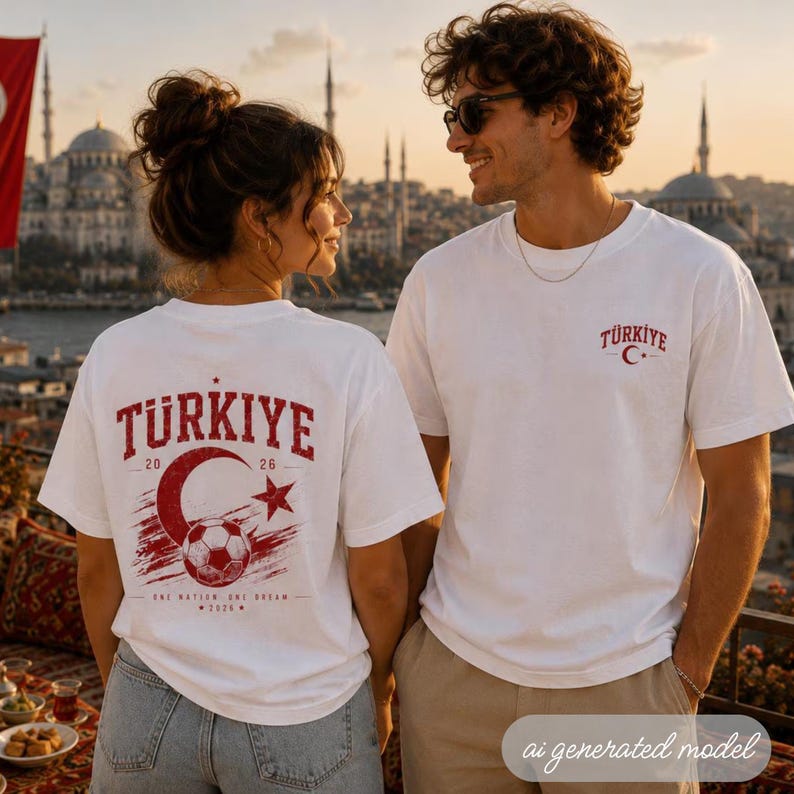 May include: A white short-sleeve t-shirt featuring a red graphic on the back with the text T&Uuml;RKIYE, a crescent moon, a star, a soccer ball, and the text ONE NATION ONE DREAM 2026. The front chest displays the text T&Uuml;RKIYE with a small crescent and star.