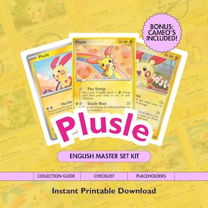 Könnte beinhalten: Eine digitale Sammlung von Plusle-Sammelkarten mit gelben und rosa Designs, inklusive des Textes Plusle, English Master Set Kit, Collection Guide, Checklist, Placeholders, Instant Printable Download und Bonus: Cameo's Included.