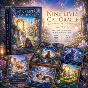 以下が含まれることがあります： 54枚のカードで構成されるNine Lives Cat Oracleデッキ。ファンタジーな猫のイラストが描かれています。箱とカードには金色の文字、星空、輝くクリスタル、魔法のような風景がデザインされています。テキスト：Nine Lives Cat Oracle, 54 Cards, Ready to Print, Digital Downloadが含まれています。