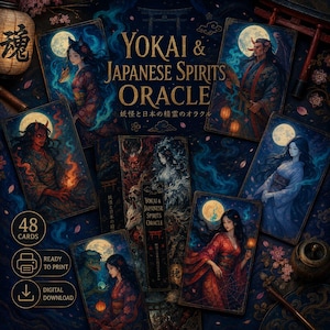 May include: A collection of 48 Yokai & Japanese Spirits Oracle cards. Each card features a full moon and a unique illustration of a Japanese spirit. The cards are ready to print and available for digital download.