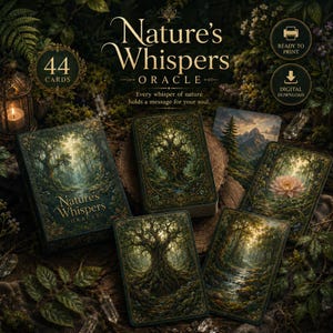 May include: Nature's Whispers Oracle deck featuring 44 cards with forest and nature illustrations. The box and cards display detailed artwork of trees, mountains, a lotus flower, and a stream. Text includes "Nature's Whispers ORACLE" and "44 CARDS."
