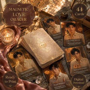May include: A deck of 44 cards with a romantic theme, featuring images of a man and phrases like "Gentle Touch" and "Beautiful Timing." The deck is labeled "Magnetic Love Oracle" and includes a "Ready to Print" and "Digital Download" option.