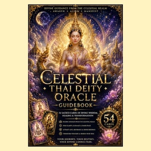 May include: A Celestial Thai Deity Oracle guidebook cover featuring a central figure in traditional gold attire with hands in prayer. The dark blue background displays a moon, stars, and temples. Text includes "Celestial Thai Deity Oracle" and "54 Cards."