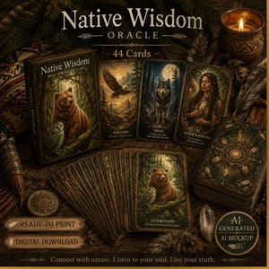 May include: A Native Wisdom Oracle deck featuring 44 cards with nature-themed illustrations, including a bear, owl, eagle, wolf, and a person. The set includes a box, a fan of cards, and a stack of cards, all displaying earthy tones and forest imagery.