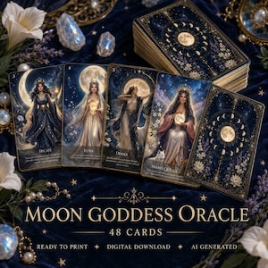 May include: A deck of Moon Goddess Oracle cards featuring 48 cards with dark blue celestial designs, gold foil accents, and illustrations of goddesses like Hecate, Luna, Diana, and Mama Quilla. The cards display moon phases and floral motifs.