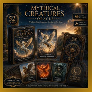 May include: A Mythical Creatures Oracle deck featuring 52 cards, a box, and a black drawstring pouch. The cards display illustrations of Pegasus, a Griffin, a Phoenix, and Medusa with gold text. The set includes digital download and print options.