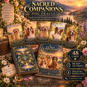 May include: A Sacred Companions Dog Oracle deck featuring 48 cards and a guidebook. The cards display various dog breeds including a Golden Retriever, Cavalier King Charles Spaniel, Labrador Retriever, Papillon, and Beagle with scenic backgrounds.