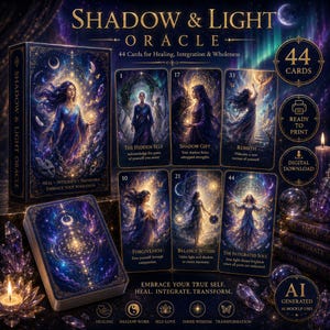 May include: Shadow & Light Oracle deck featuring 44 cards with celestial, ethereal artwork. The box and cards display figures in flowing robes amidst cosmic, starry backgrounds. Text includes titles like The Hidden Self and Rebirth.