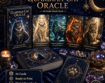 May include: Guardian Cat Oracle deck featuring 44 cards with celestial and feline illustrations. The set includes a box, a stack of cards with gold circular designs, and individual cards depicting cats as light, ocean, flame, and wisdom guardians.