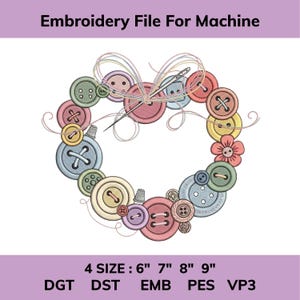 Broderidesign med knapphjärtkrans, synålsrosett, söt knapplapp, maskinbroderifil, DST PES EMB VP3