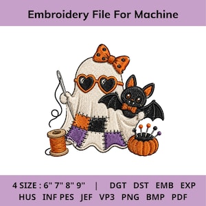May include: An embroidery design featuring a white ghost wearing an orange polka dot bow and heart-shaped sunglasses, holding a needle with thread. A black bat, a spool of orange thread, and a pumpkin-shaped pincushion are included in the graphic.