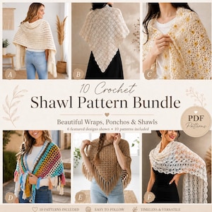 Peut inclure: Une collection numérique intitulée 10 Crochet Shawl Pattern Bundle présentant six modèles de châles, ponchos et écharpes au crochet. Les images montrent diverses textures, incluant des franges crème, des motifs floraux et un motif arc-en-ciel.