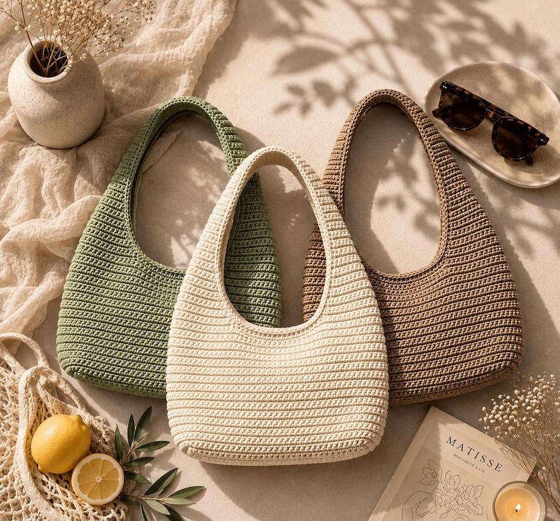 Peut inclure: Trois sacs &agrave; main en crochet de couleurs vert sauge, cr&egrave;me et beige. Chaque sac pr&eacute;sente une forme arrondie de type hobo avec une anse int&eacute;gr&eacute;e unique et une texture c&ocirc;tel&eacute;e horizontale uniforme sur toute la surface ext&eacute;rieure du mat&eacute;riau tiss&eacute;.