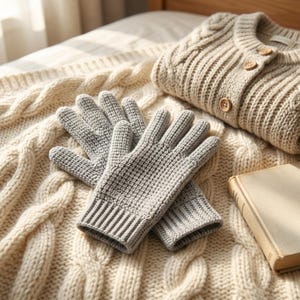 May include: A pair of light gray knit gloves with a textured waffle pattern and ribbed cuffs, resting on a cream-colored cable knit blanket next to a beige button-up cardigan and a closed book with a light-colored cover and visible spine.