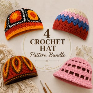 Puede incluir: Cuatro gorros de ganchillo dispuestos alrededor de un cartel circular central que dice 4 CROCHET HAT Pattern Bundle. Los gorros presentan varios diseños, incluyendo motivos florales naranjas, rayas en zigzag, patrones geométricos marrones y una rejilla rosa.