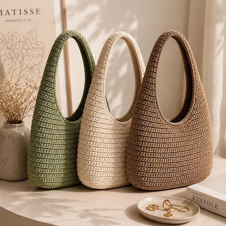 Peut inclure: Trois sacs &agrave; main de style hobo fabriqu&eacute;s en fil crochet&eacute;, dot&eacute;s d'une anse int&eacute;gr&eacute;e unique et d'un motif c&ocirc;tel&eacute; textur&eacute;. Les sacs sont pr&eacute;sent&eacute;s en trois couleurs distinctes : vert sauge, cr&egrave;me et brun clair, dispos&eacute;s c&ocirc;te &agrave; c&ocirc;te.