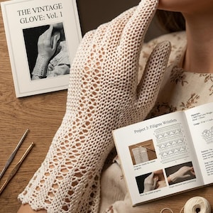 May include: A cream-colored crocheted glove with an intricate openwork pattern, extending past the wrist. The glove is displayed alongside a book titled THE VINTAGE GLOVE: Vol. 1, a crochet pattern book titled Project 3: Filigree Wristlets, and two metal hooks.