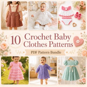 Peut inclure: Un ensemble de modèles PDF numériques intitulé 10 Crochet Baby Clothes Patterns présentant divers vêtements au crochet, notamment des robes, un bonnet, des chaussons et des culottes dans des tons rose, blanc, marron, violet et vert clair.