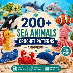 Oltre 200 modelli di animali marini all'uncinetto / Pacchetto di creature marine amigurumi, modello di tartaruga, modello di delfino, modello di balena, modello di polpo