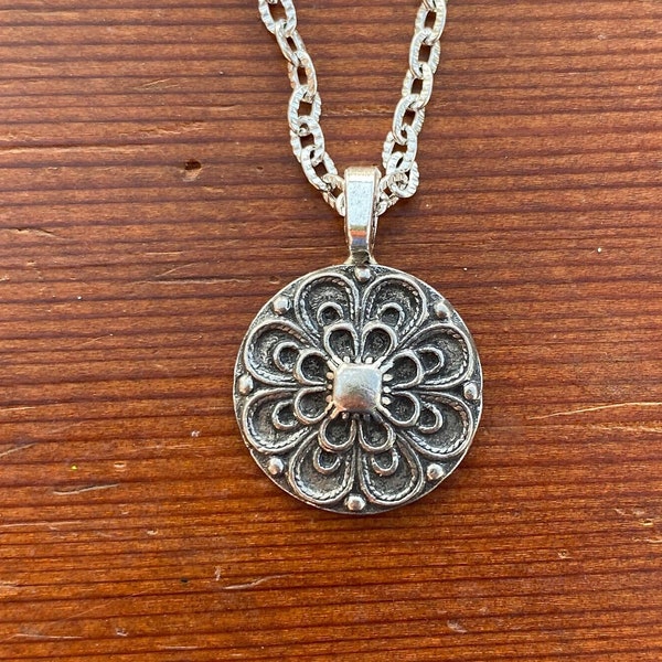 Ingrid Flower Silver Pewter Button Necklace Norway Norwegian