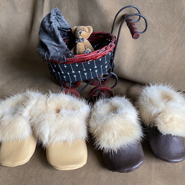 Real Mink Fur Leather Baby Moccasins Sizes 1-5 BLONDE