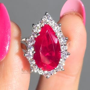 14K White Gold Pear Cut Lab Grown Ruby Halo Ring, 10 Carat, Cathedral Setting