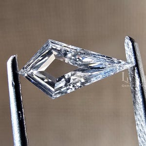 May include: A clear, colorless kite-shaped gemstone with a faceted surface held by metal tweezers. The stone features a sharp, pointed end and a wider, angular body with internal light reflections. The text LuNuRA Gem And Jewellery is visible.