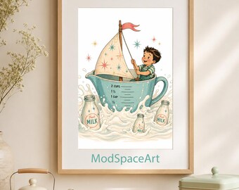 Mid Century Modern Kitchen Art, Retro Play Kitchen Decor, Vintage Boy Room Poster, Whimsical Milk Sailor Print, Printable Digital Download