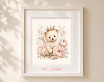 Princess Nursery Wall Art Set, Pink Floral Woodland Animal Prints, Baby Girl Room Decor, Watercolor Crown Bear Bunny, Digital Download