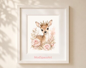 Princess Deer Nursery Wall Art, Pink Floral Fawn Print, Baby Girl Woodland Decor, Watercolor Crown Animal Poster, Printable Digital Download