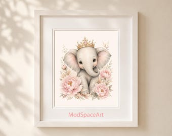 Elephant Nursery Wall Art, Baby Girl Pink Floral Print, Princess Safari Animal Decor, Cute Watercolor Baby Elephant Poster Digital Download