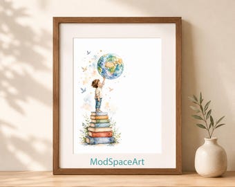 Educational Nursery Wall Art, Boy Reading Nook Decor, Watercolor Globe Print, Stack of Books Poster, Montessori Classroom Digital Download