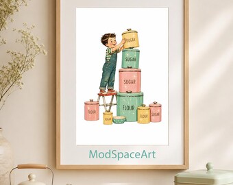 Retro Kitchen Wall Art, Vintage Baking Poster, Mid Century Modern Print, Play Kitchen Decor, Whimsical Boy Room Art, Printable Download