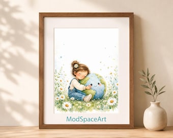 Earth Day Nursery Wall Art, Cute Kids Playroom Decor, Watercolor Globe Print, Girl Hugging Earth Poster, Classroom Digital Download