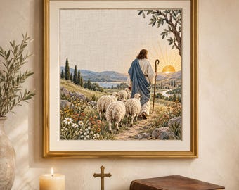 Good Shepherd Jesus Wall Art, Christian Bible Scene Digital Print, Embroidery Style Spiritual Home Decor, Digital Download