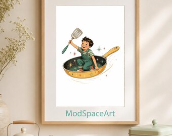 Mid Century Modern Kitchen Art, Retro Play Kitchen Decor, Vintage Boy Room Poster, Whimsical Frying Pan Print, Printable Digital Download