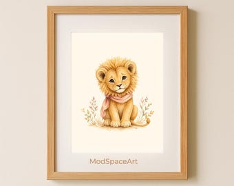Baby Lion Nursery Wall Art, Watercolor Safari Animal Print, Boho Jungle Girl Room Decor, Cute Lion Cub Poster, Printable Digital Download