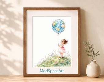 Earth Day Nursery Wall Art, Cute Girl Room Decor, Watercolor Globe Balloon Print, Whimsical Planet Poster, Playroom Digital Download