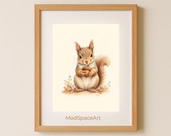 Watercolor Squirrel Nursery Wall Art, Baby Animal Print, Neutral Forest Room Decor, Cute Squirrel Poster, Printable Digital Download