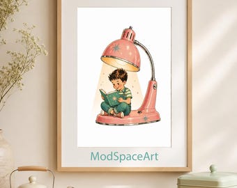 Mid Century Modern Kids Wall Art, Vintage Boy Reading Poster, Retro Playroom Decor, Whimsical Nursery Print, Printable Digital Download