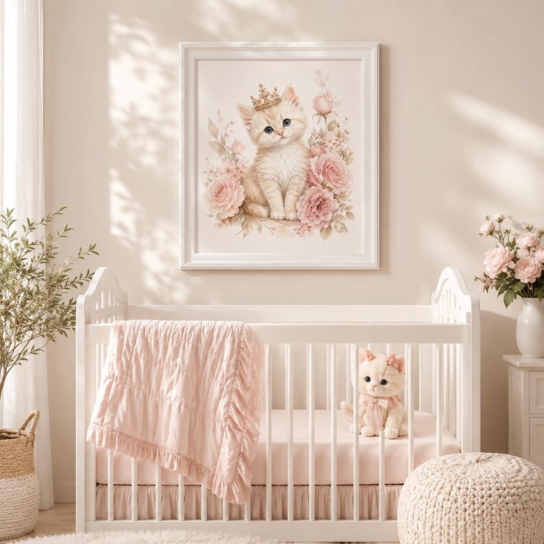 Princess Kitten Nursery Wall Art, Pink Floral Cat Print, Baby Girl Room ...