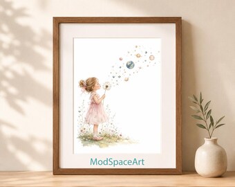 Space Nursery Wall Art, Whimsical Galaxy Print, Girl Blowing Dandelion Planets, Watercolor Solar System Decor, Digital Download Poster